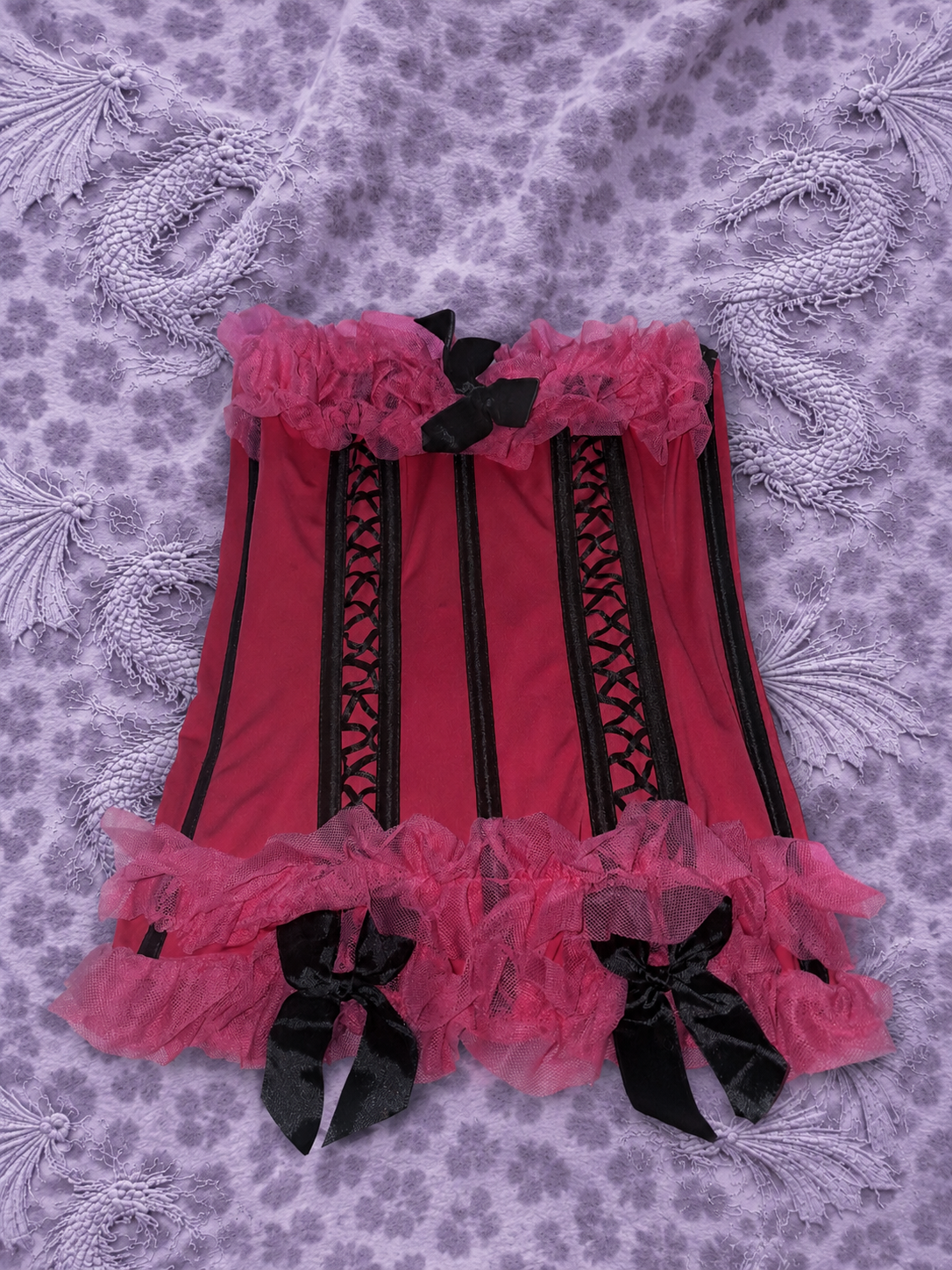 Top Rosa con Fiocchi Neri e Dettagli in Tulle Donna | Stile Coquette e Fairycore Taglia S