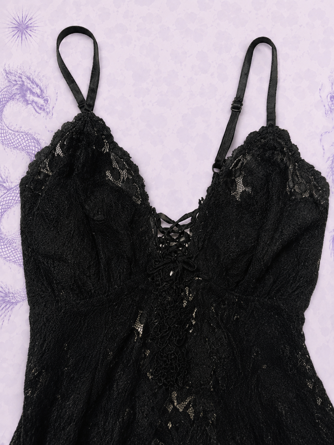Top Vintage Gothic in Pizzo Nero – Cami Y2K con Spalline Regolabili – Taglia L