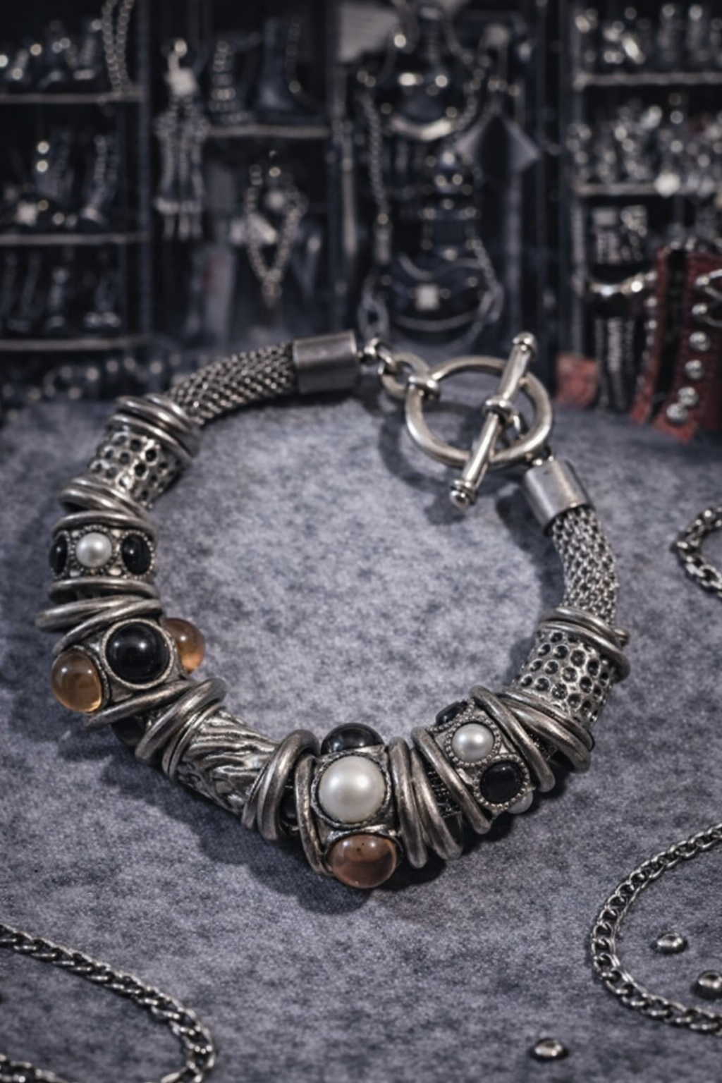 Bracciale Unisex Vintage Y2K con Perle e Pietre – Maglia Metallica Argento – USATO