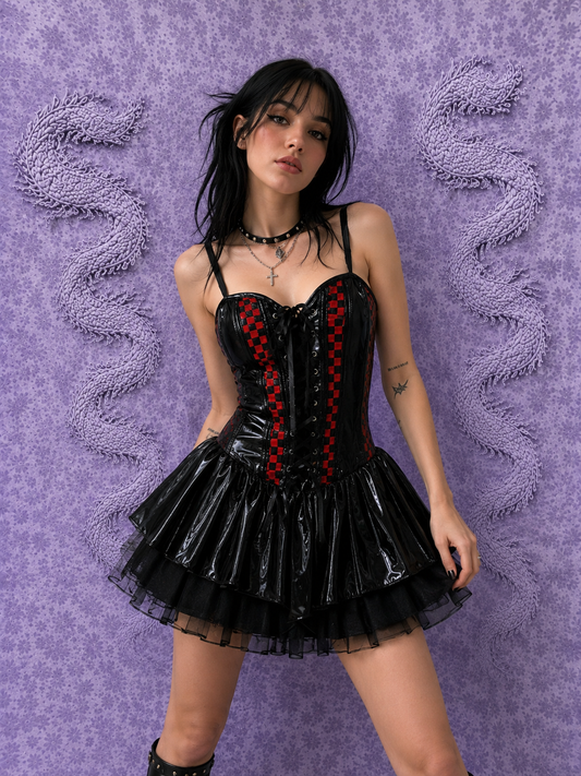 Abito Corsetto Nero e Rosso a Scacchi | Mini Abito Gothic Punk Y2K con Gonna a Balze XS