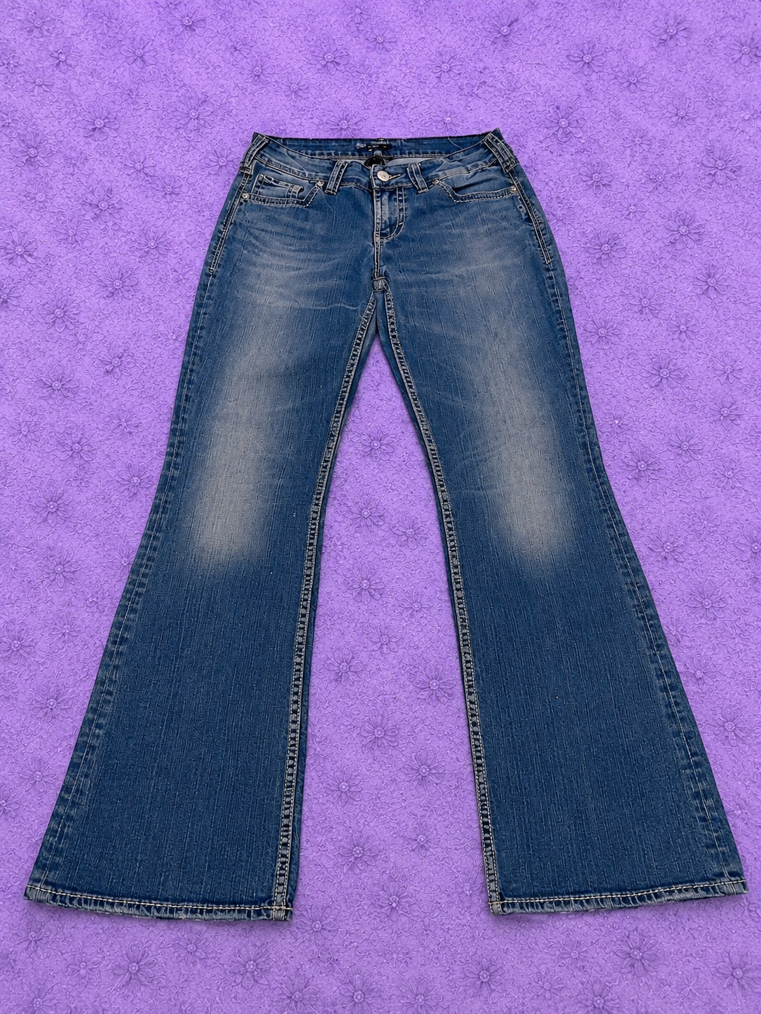 Jeans Silver Suki Bootcut Donna W28 L32 Denim Blu Vita Bassa Y2K Flare Ricami Tasche
