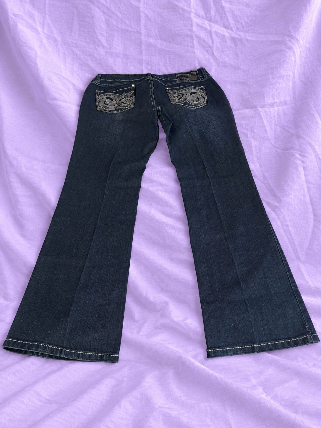 ONE 5 ONE Dark Wash Flare Jeans with Embroidery & Rhinestones – Size 12