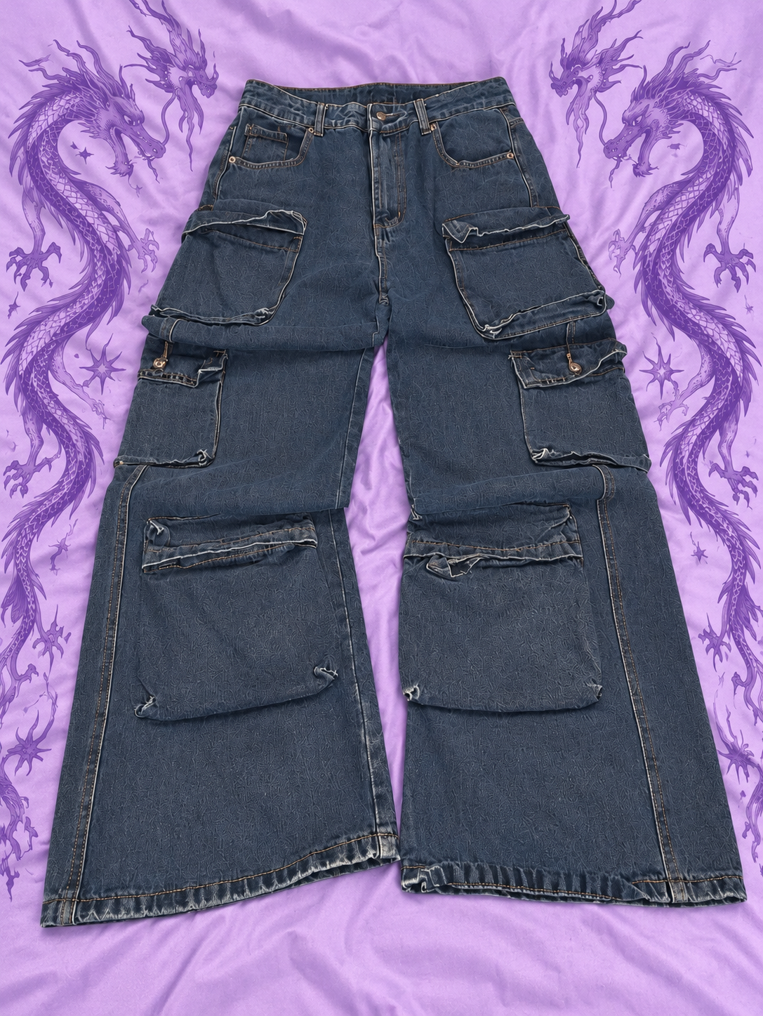 Y2K Baggy Cargo Jeans Blue Denim Wide Leg Multi Pocket – Size L