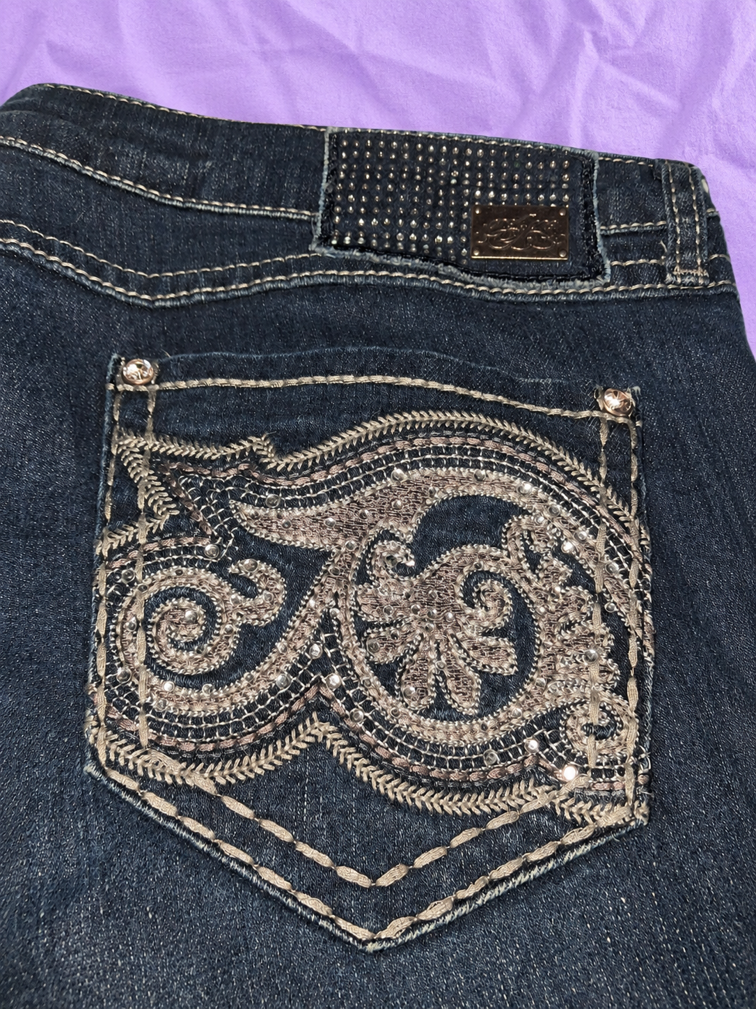 ONE 5 ONE Dark Wash Flare Jeans with Embroidery & Rhinestones – Size 12