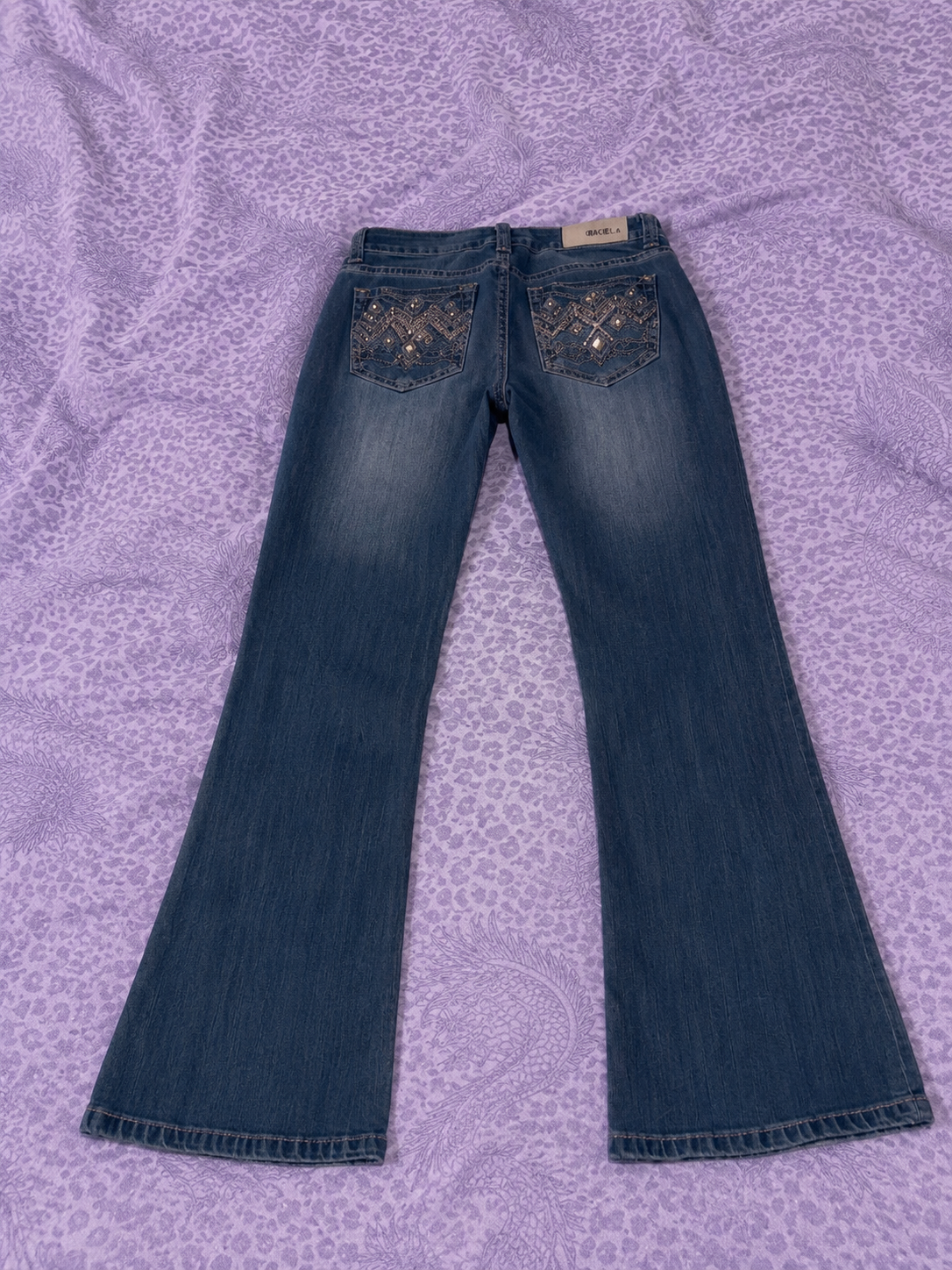 Jeans Grace in LA Bootcut Donna Taglia 28 Denim Blu Ricamato Stile Y2K
