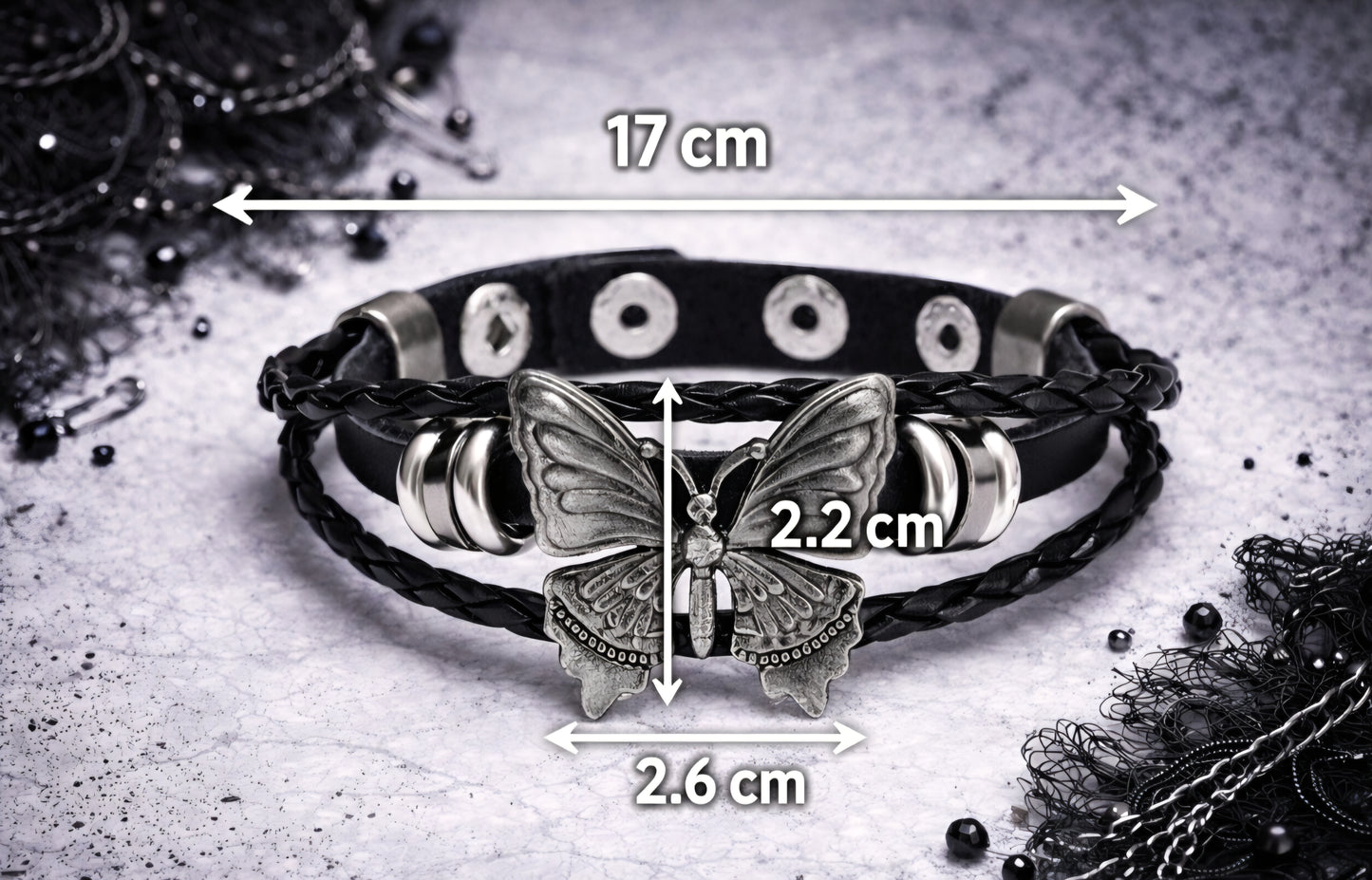 Bracciale Gothic Punk con Farfalla – Polso Donna Nero