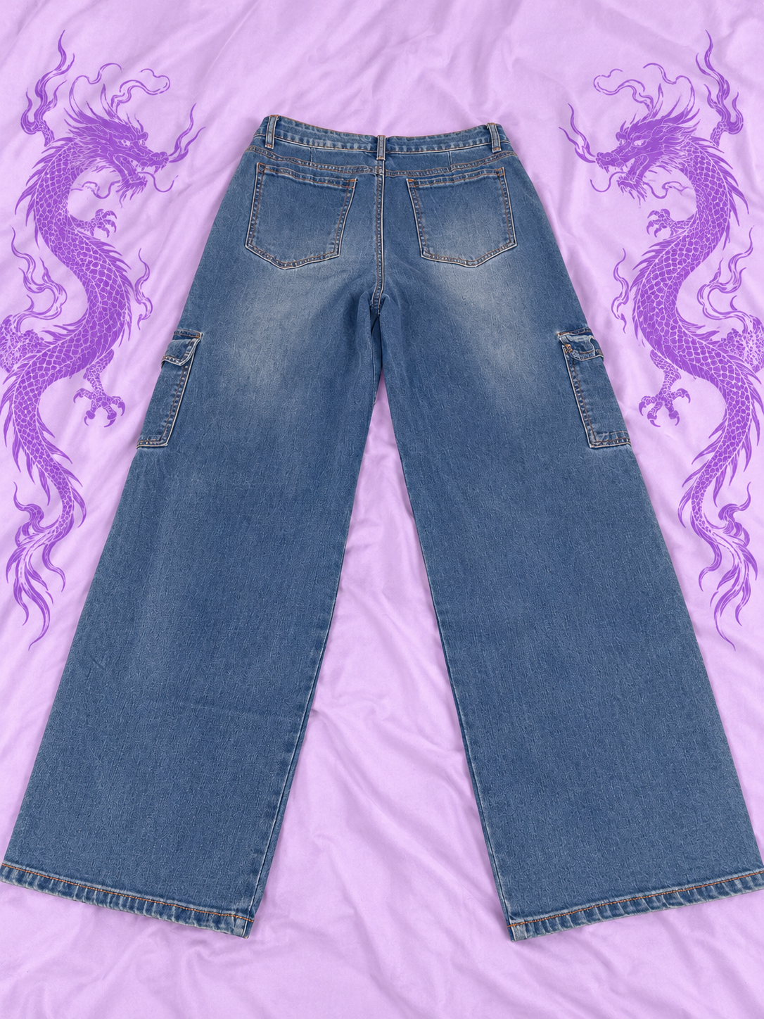 Wax Jean Y2K Baggy Cargo Jeans Blue Wide Leg Denim Size 7/28