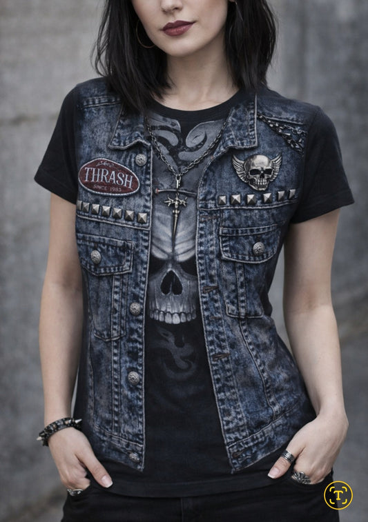 T-shirt gothic nera con teschio e stampa effetto gilet borchiato – stile rock alternative