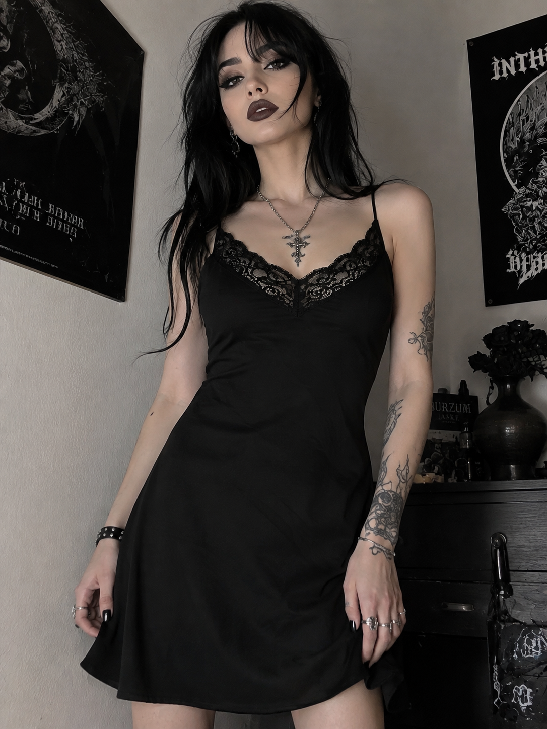 Vestitino Nero Satinato con Pizzo EKOUAER – Spalline Sottili – Taglia S