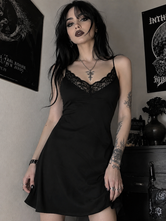Vestitino Nero Satinato con Pizzo EKOUAER – Spalline Sottili – Taglia S