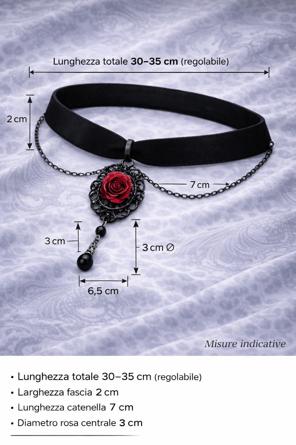 Choker Gotico Nero con Rosa Rossa e Catenella – Collana Gothic Punk Dark Aesthetic Regolabile