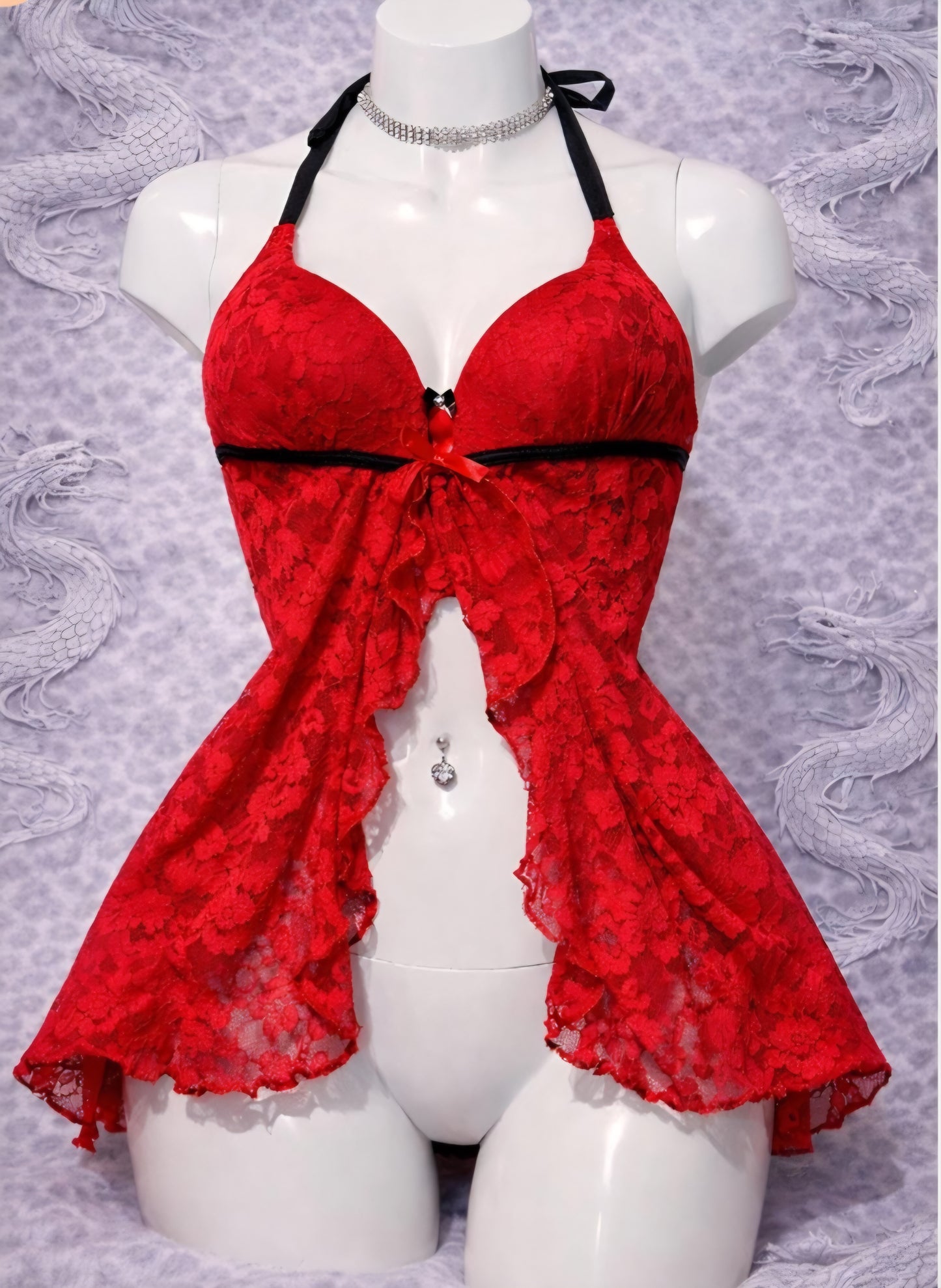 Babydoll Rosso in Pizzo Sexy – Lingerie Halter con Fiocco Donna