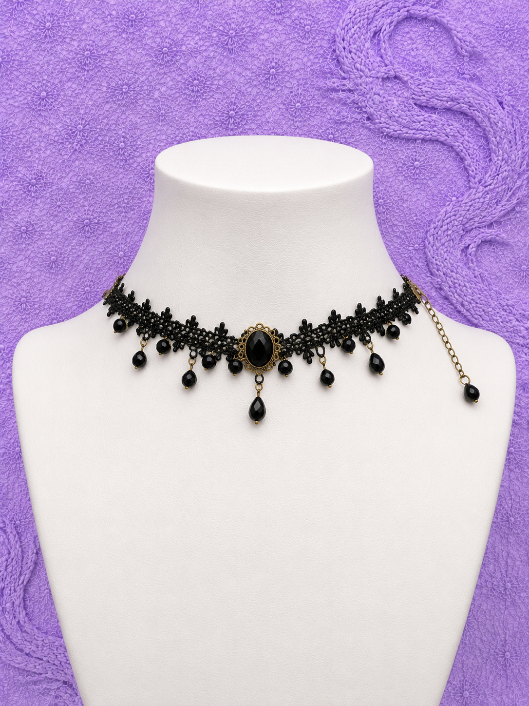Choker Nero in Pizzo con Pietra e Pendenti | Collana Girocollo Y2K Vintage | Gedico Store
