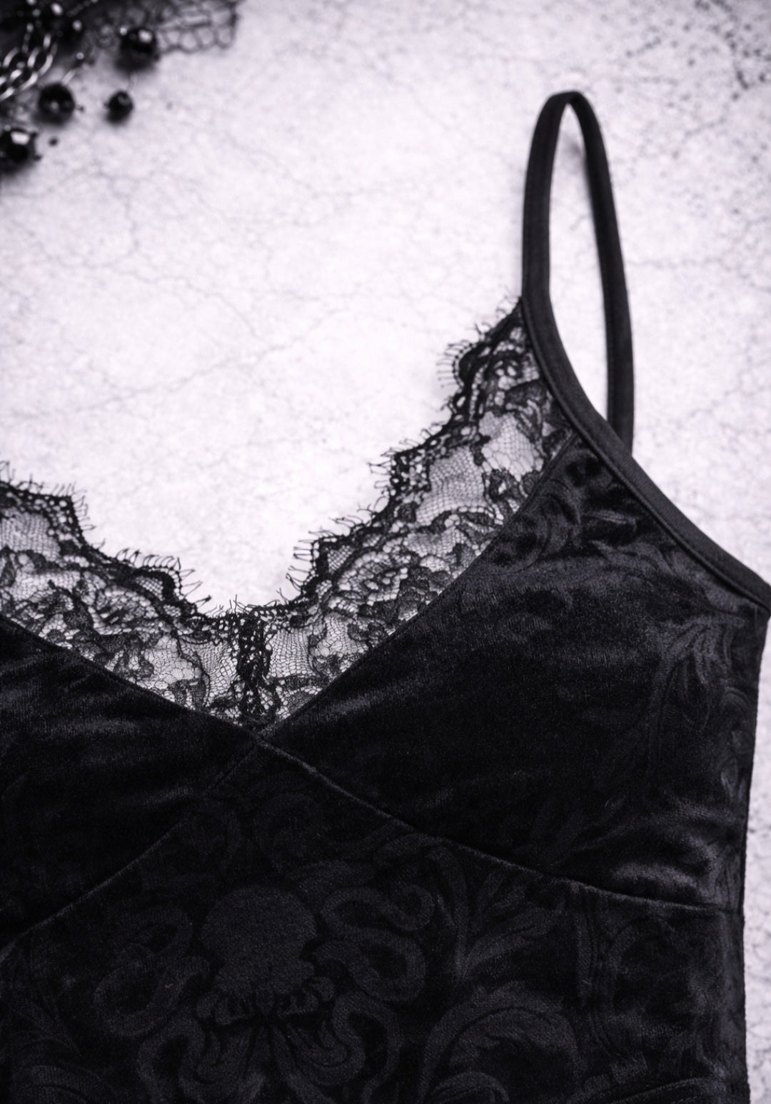 Punk Gothic Velvet Crop Top with Lace – Black Bustier, Adjustable Straps