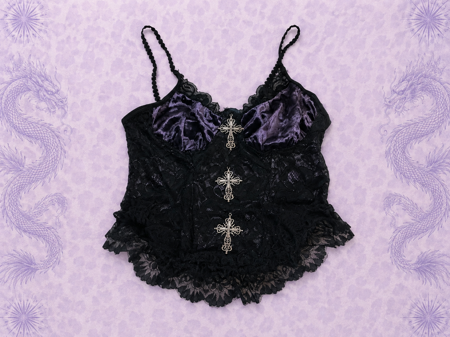 Black Lace Top with Purple Satin & Cross Charms