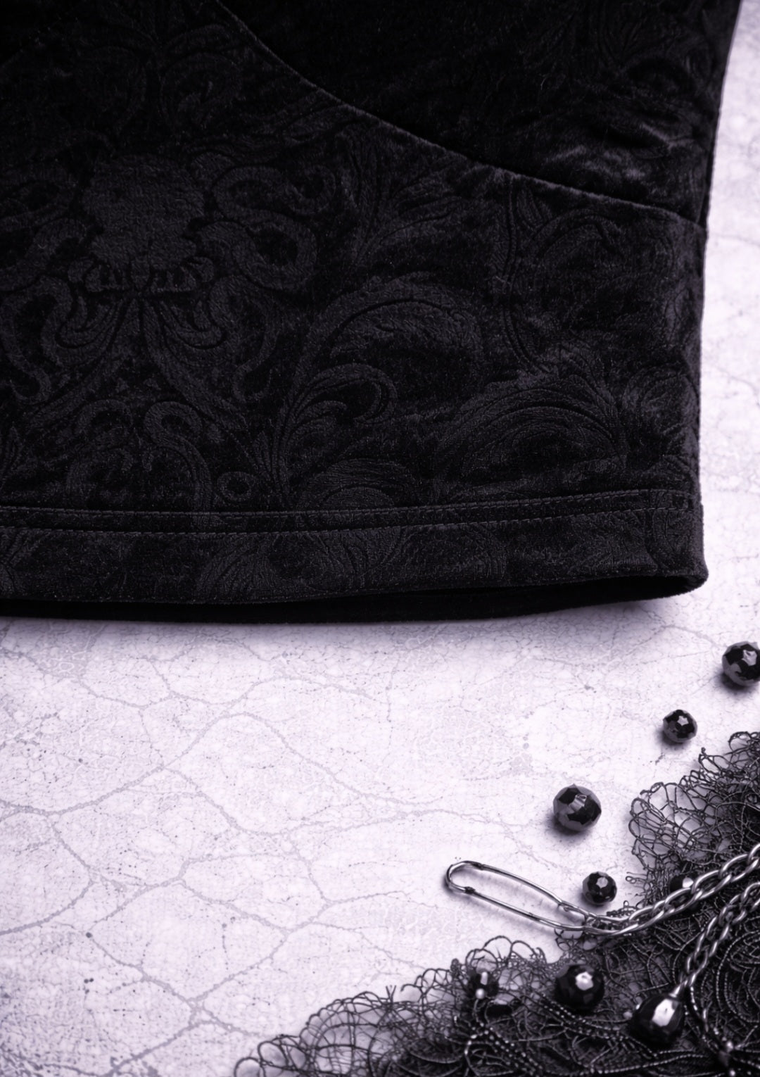 Punk Gothic Velvet Crop Top with Lace – Black Bustier, Adjustable Straps