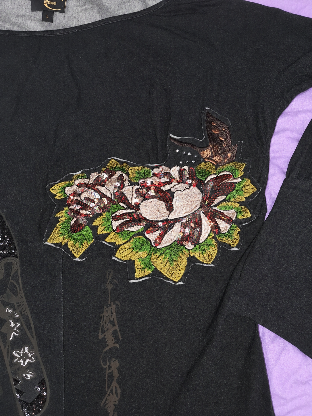 Just Cavalli Schwarzes Langarm-Top – Florale Pailletten Y2K Made in Italy