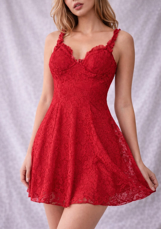 Vestito Babydoll Rosso in Pizzo – Mini Dress Sexy Y2K con Spalline Regolabili