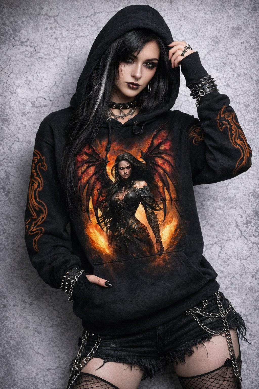 Spiral Draco Queen Hoodie – Felpa Goth Nera Dark Fantasy Fire Unisex