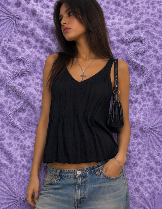 Top Donna Biaggini Nero Scollo a V Taglia 48 | Canotta Morbida Vintage Y2K