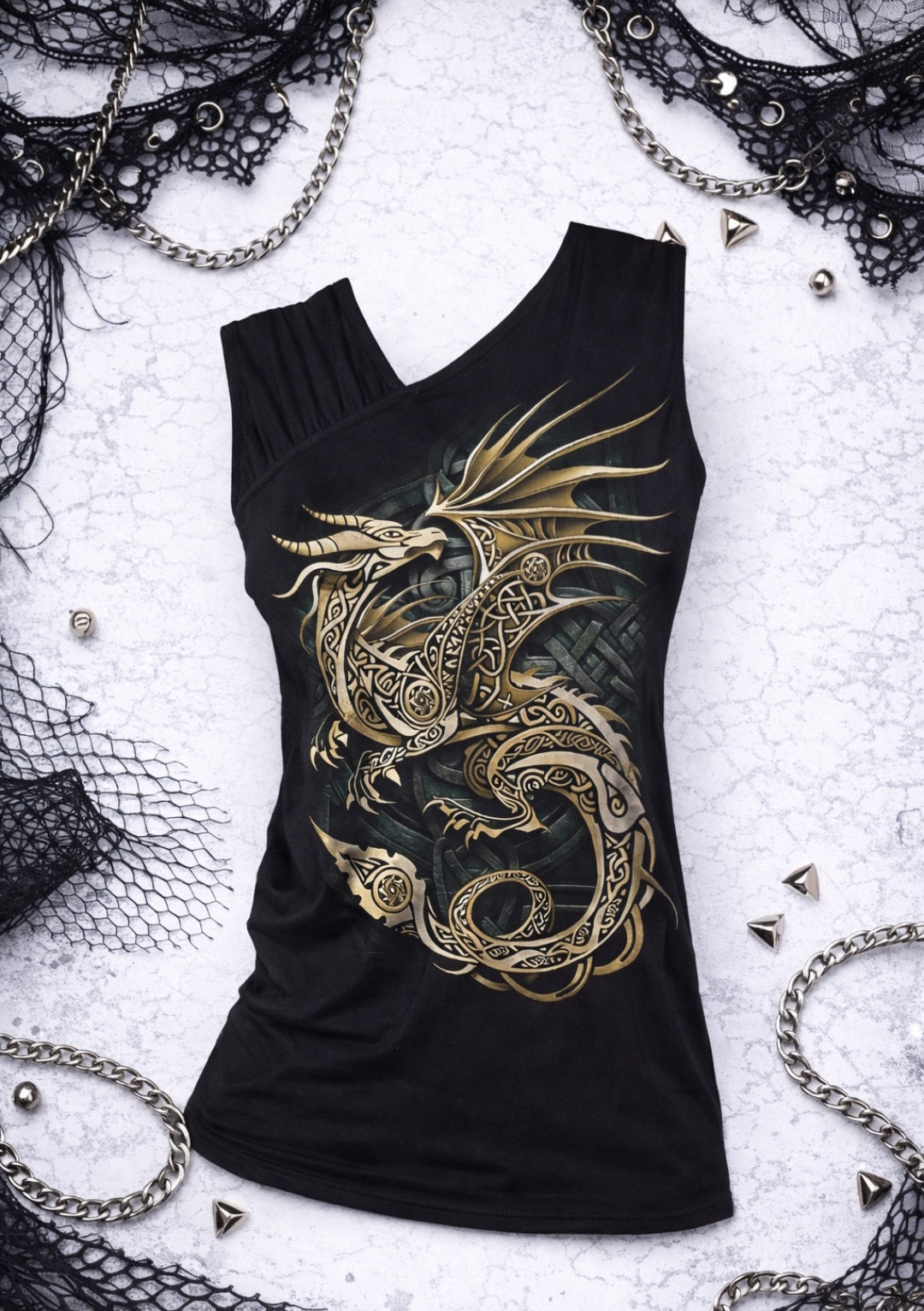 Gothic Dragon Top – Canotta Punk Rock Nera con Drago Celtico | Darkwear Alternative