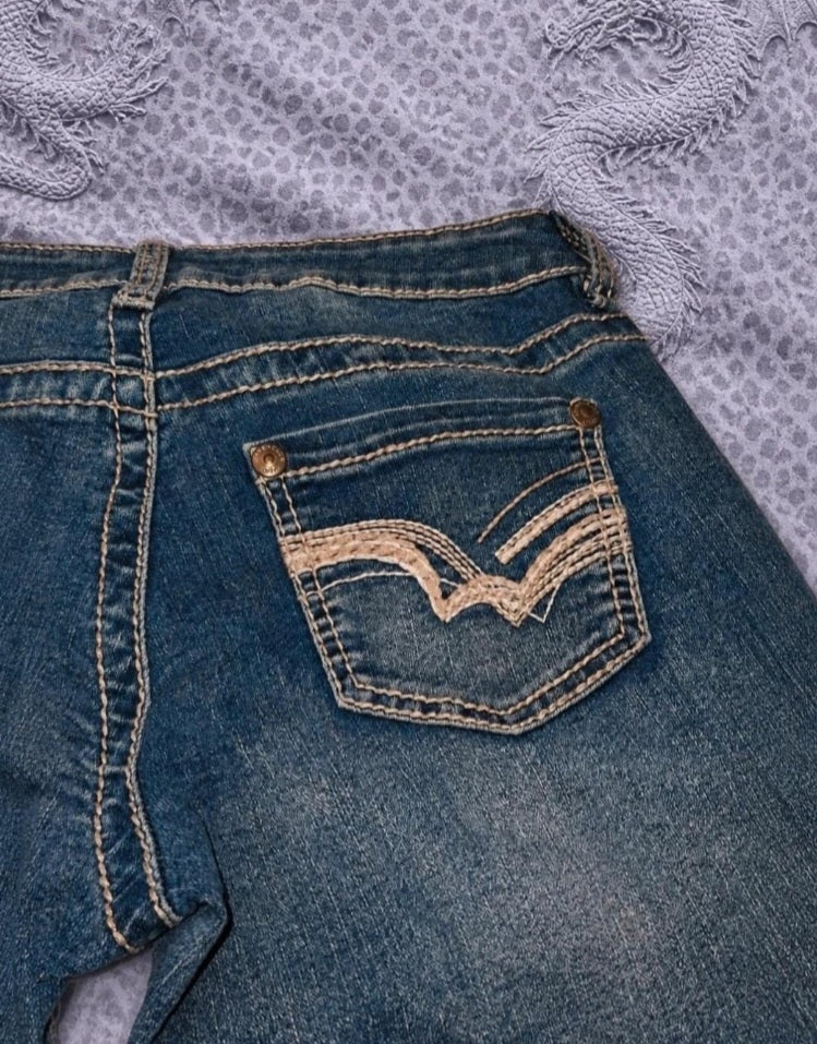 Vintage Y2K Flare Jeans Donna W28 IT 42 Denim Blu Bootcut Tasche Ricamate Vita Bassa