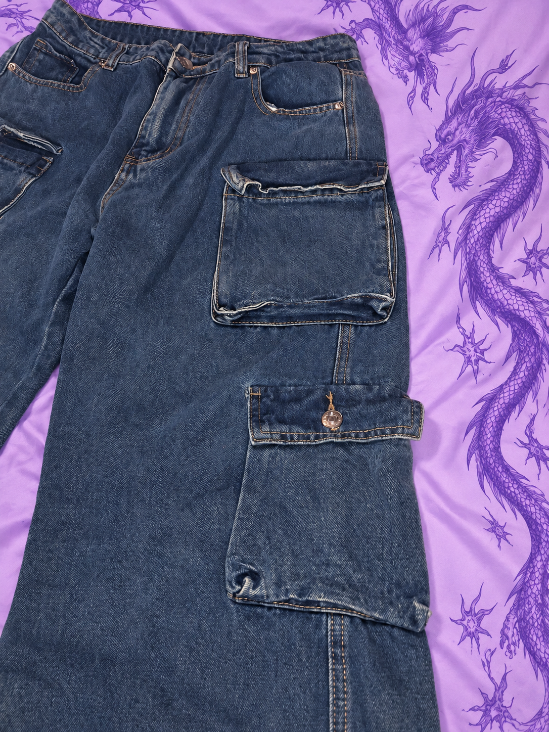 Y2K Baggy Cargo Jeans Blue Denim Wide Leg Multi Pocket – Size L