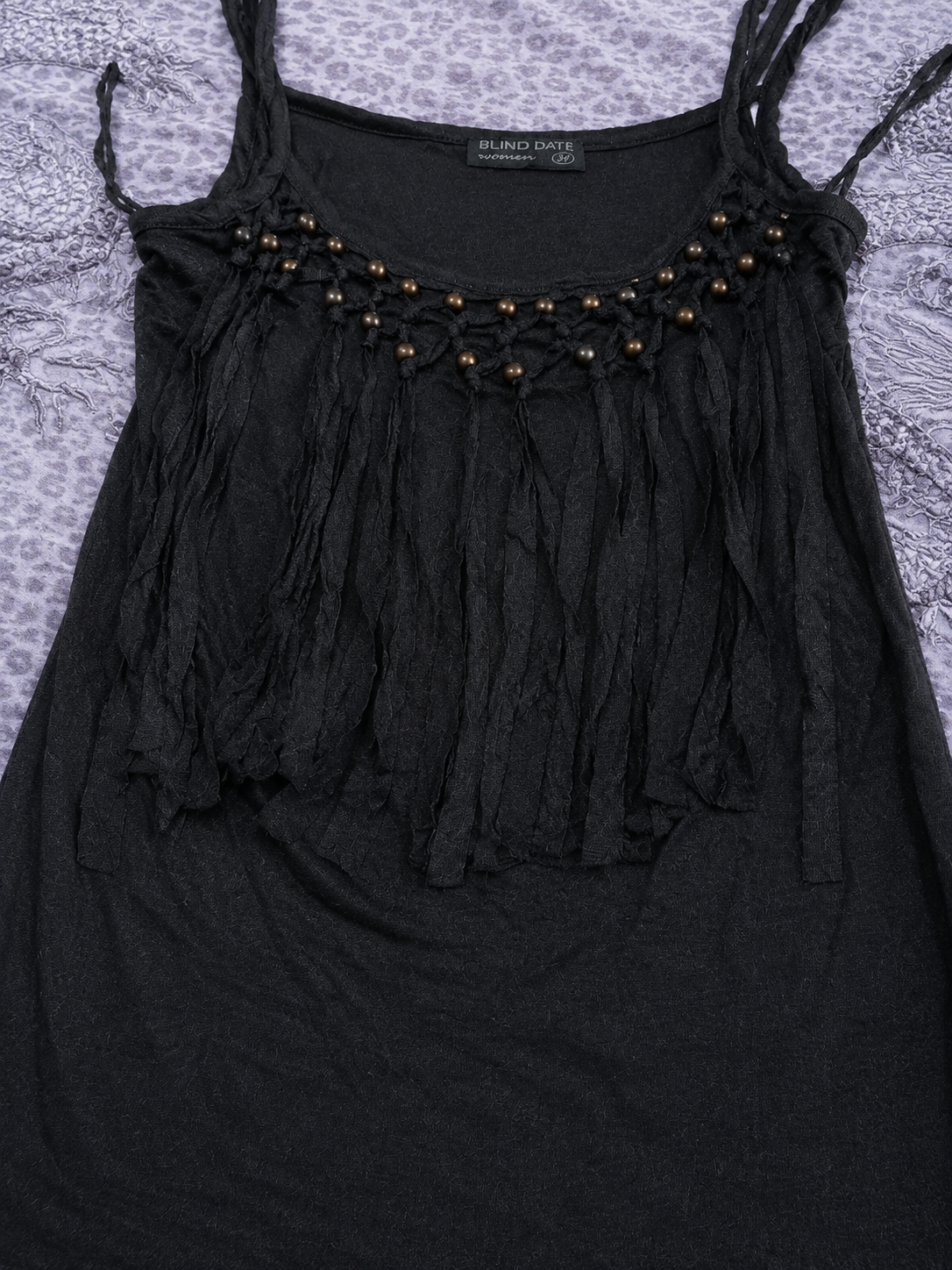 Black Fringe Boho Top with Beaded Neckline – Y2K Festival Style Tank