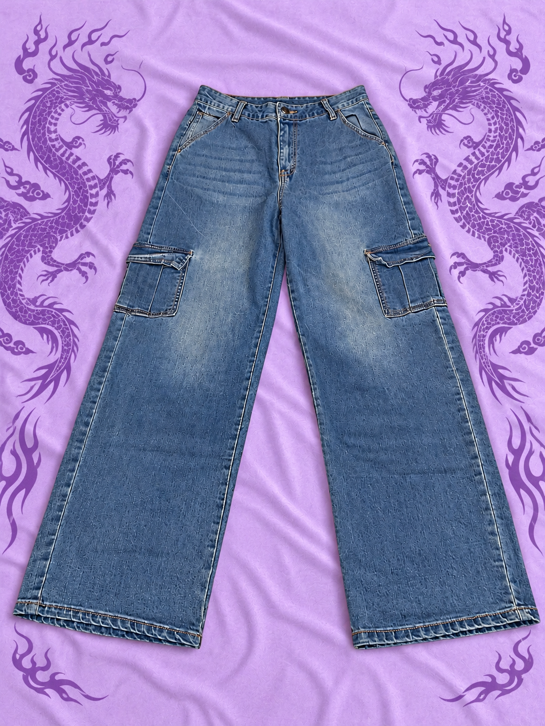 Wax Jean Y2K Baggy Cargo Jeans Blue Wide Leg Denim Size 7/28
