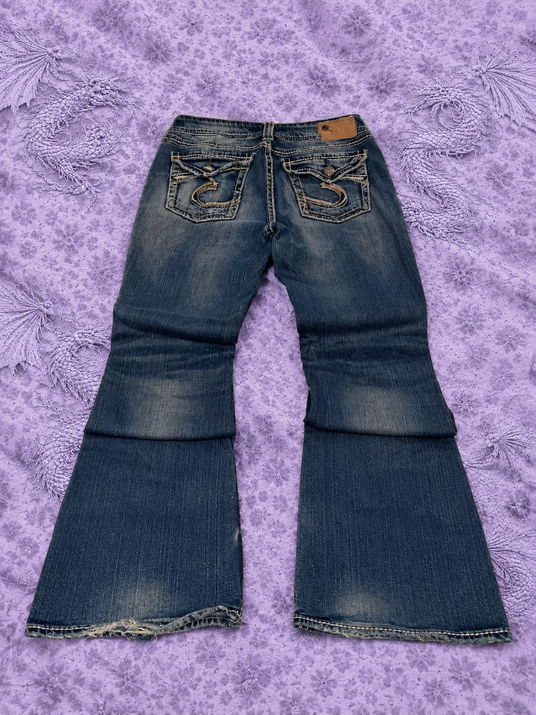 Jeans Silver Suki Bootcut Donna W28 L32 Denim Blu Vita Bassa Y2K Flare Ricami Tasche