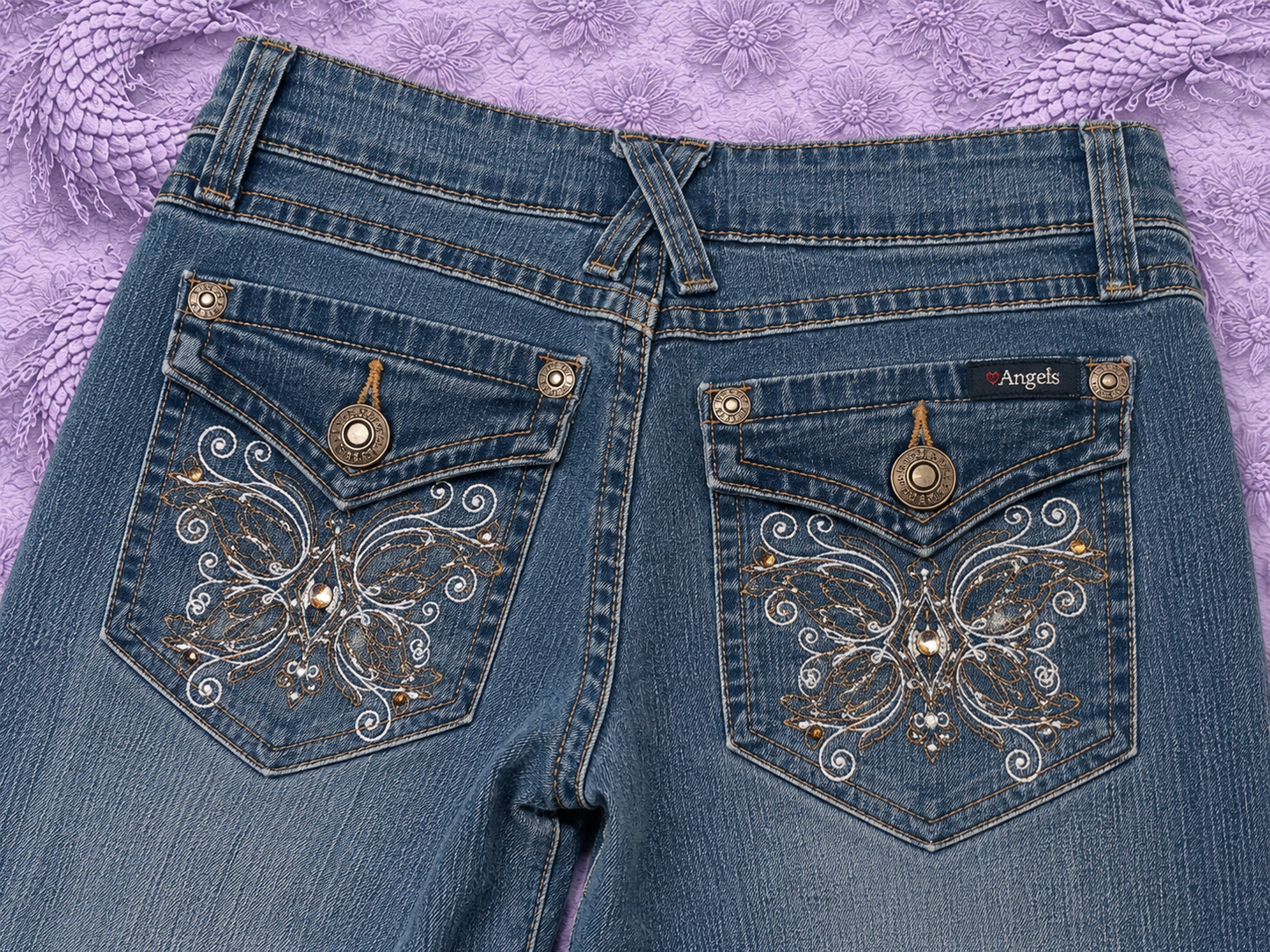 Angels Jeans Donna Bootcut Y2K Ricamati Denim Blu Taglia 5