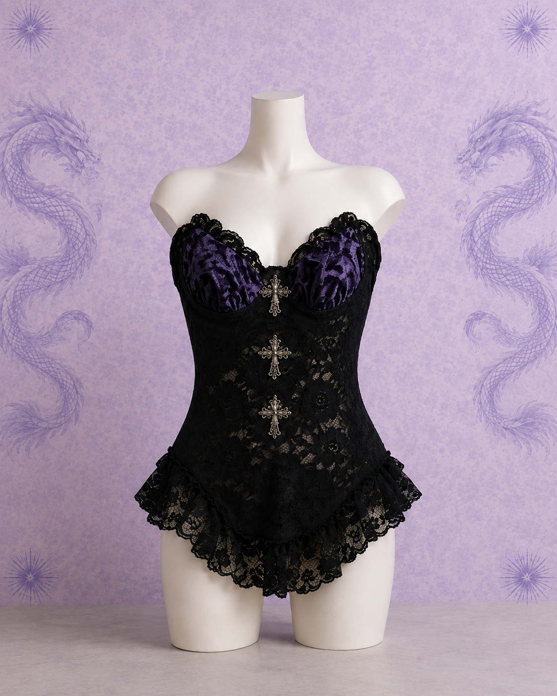 Black Lace Top with Purple Satin & Cross Charms