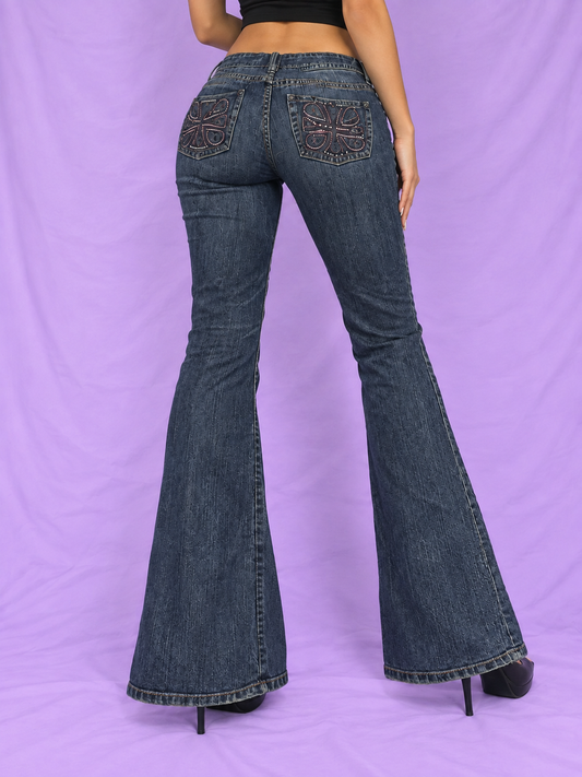 Chico’s Platinum Flare Jeans with Rhinestone Embroidery – Size 00 Tall