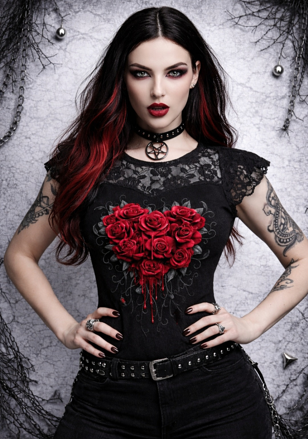 Top Gothic Spiral® Donna – Cuore di Rose Rosse & Pizzo Nero | Dark Alternative – Nuovo