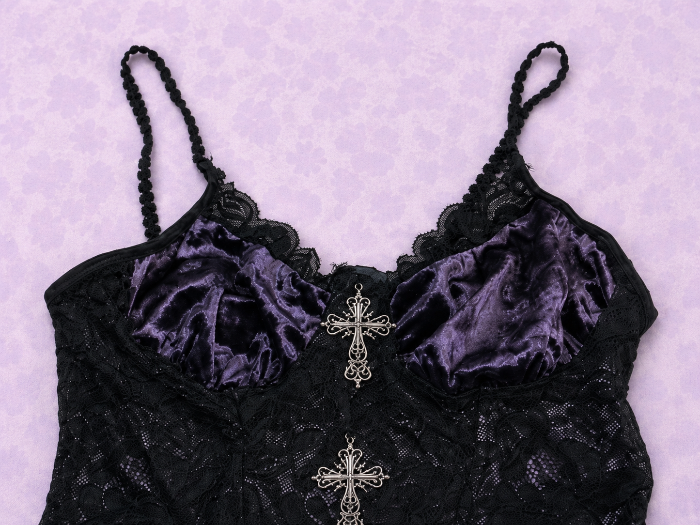 Black Lace Top with Purple Satin & Cross Charms