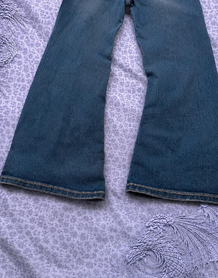 Vintage Y2K Flare Jeans Donna W28 IT 42 Denim Blu Bootcut Tasche Ricamate Vita Bassa
