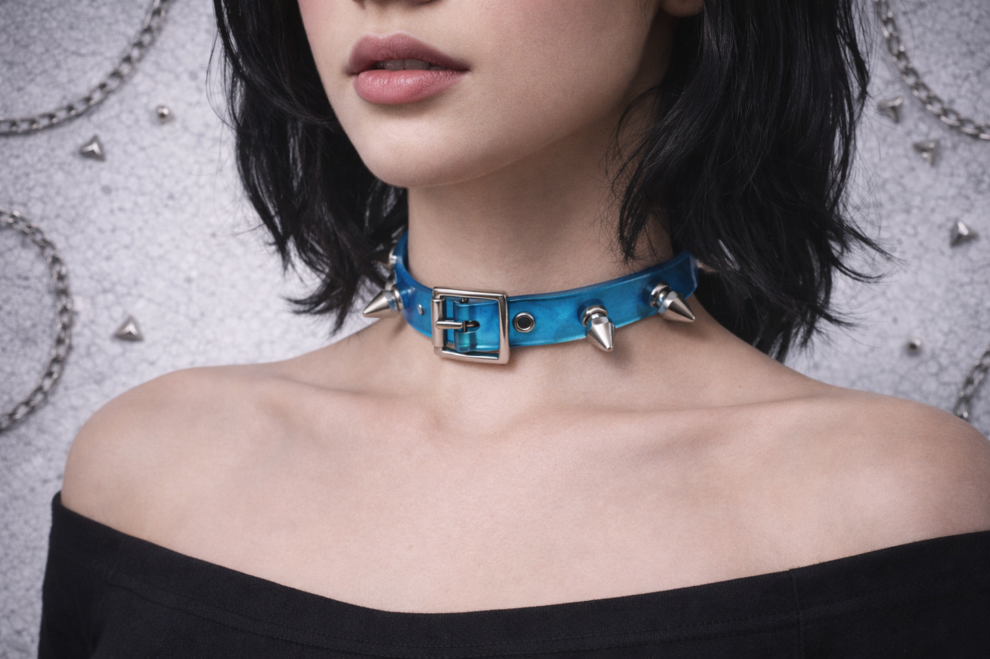 Choker Blu Trasparente con Borchie – Punk Goth Spiked Choker Necklace Alternative Jewelry