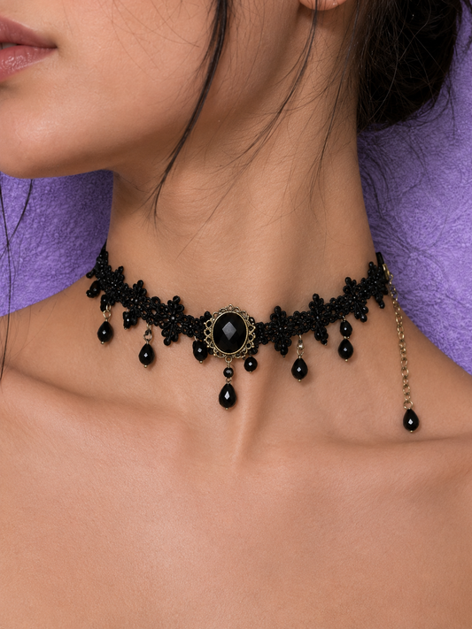 Choker Nero in Pizzo con Pietra e Pendenti | Collana Girocollo Y2K Vintage | Gedico Store