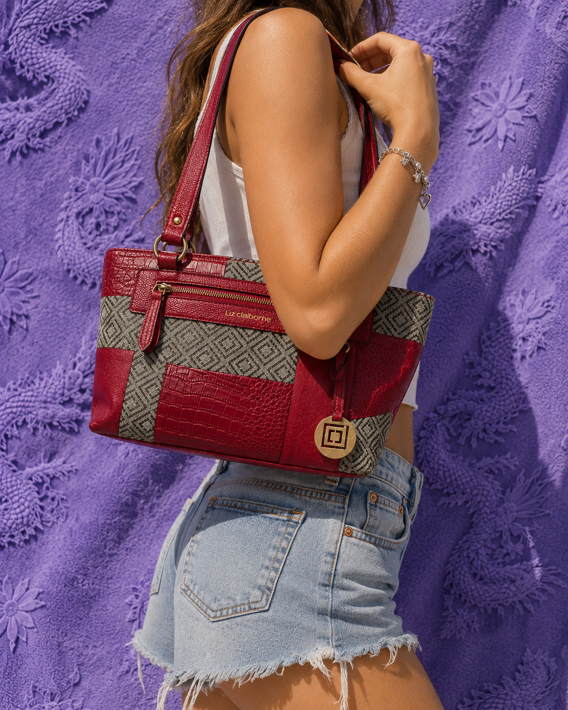 Liz Claiborne Borsa Shopper Y2K Patchwork Bordeaux con Charm Dorato