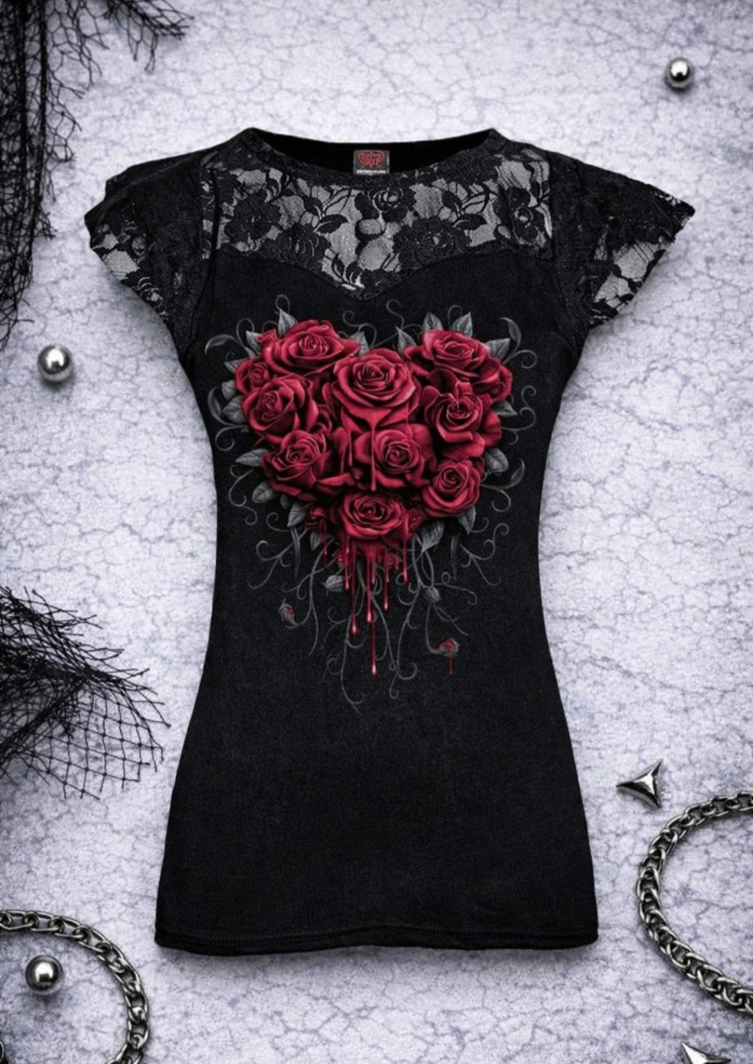 Top Gothic Spiral® Donna – Cuore di Rose Rosse & Pizzo Nero | Dark Alternative – Nuovo