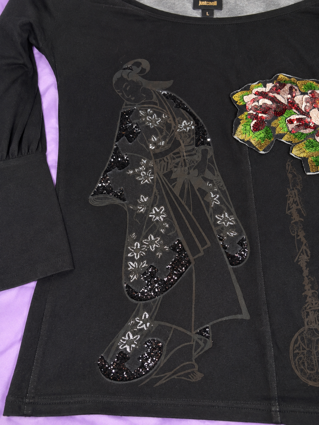 Just Cavalli Schwarzes Langarm-Top – Florale Pailletten Y2K Made in Italy
