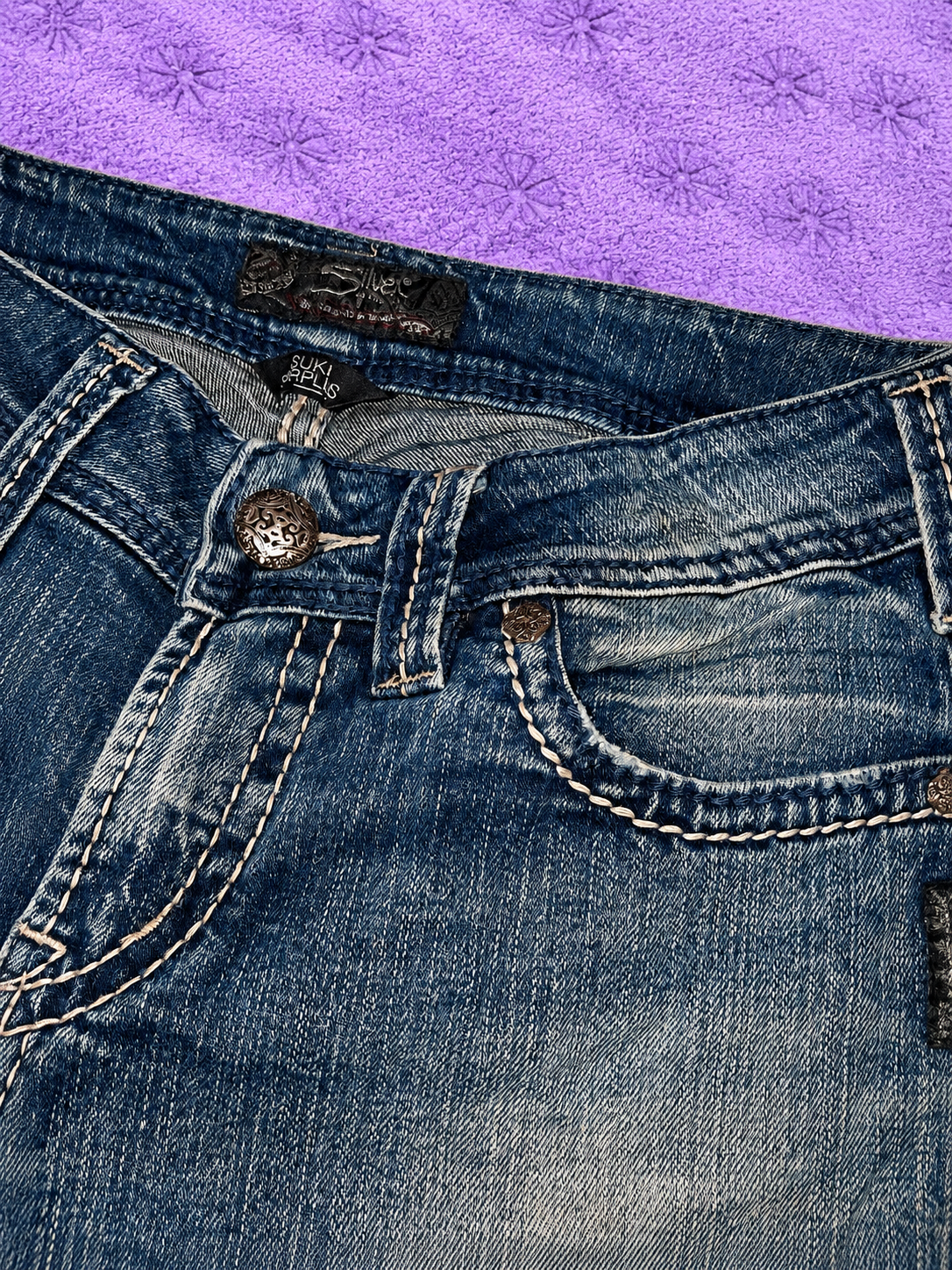 Jeans Silver Suki Bootcut Donna W28 L32 Denim Blu Vita Bassa Y2K Flare Ricami Tasche