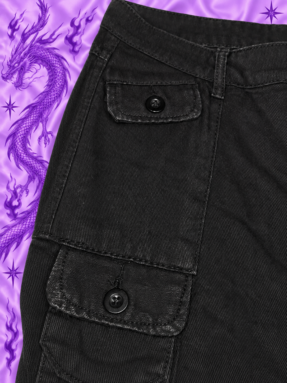 Black Y2K Baggy Cargo Pants – Wide Leg Multi Pocket Trousers Size M