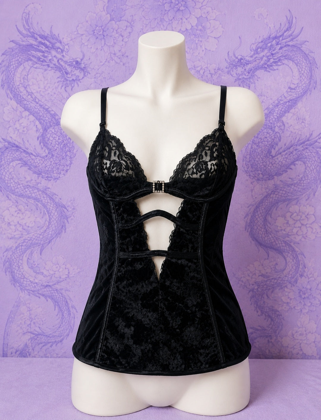 Top Donna Nero in Pizzo con Inserti Trasparenti – Stile Y2K Gothic