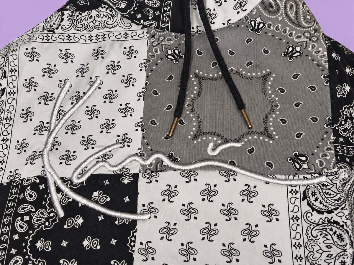 Y2K Bandana Patchwork Hoodie Black Grey White – Size M