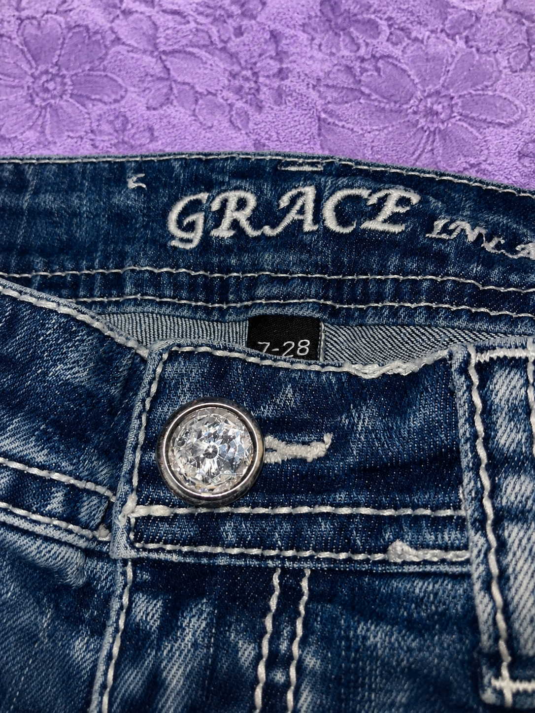 Jeans Grace in LA Y2K Bootcut Donna Taglia 7/28 Denim Blu Ricami e Strass Stile Western Cowgirl