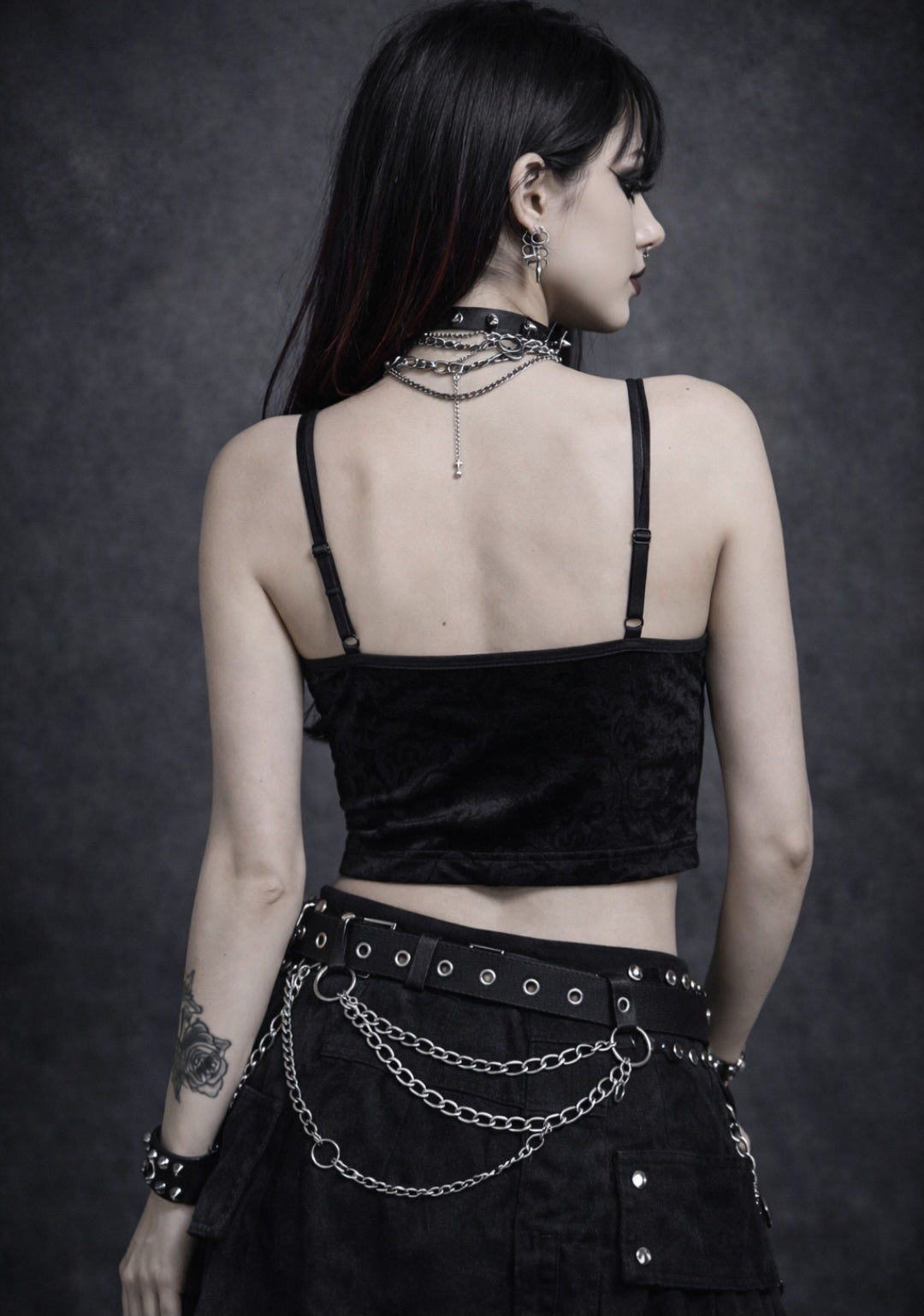 Punk Gothic Velvet Crop Top with Lace – Black Bustier, Adjustable Straps