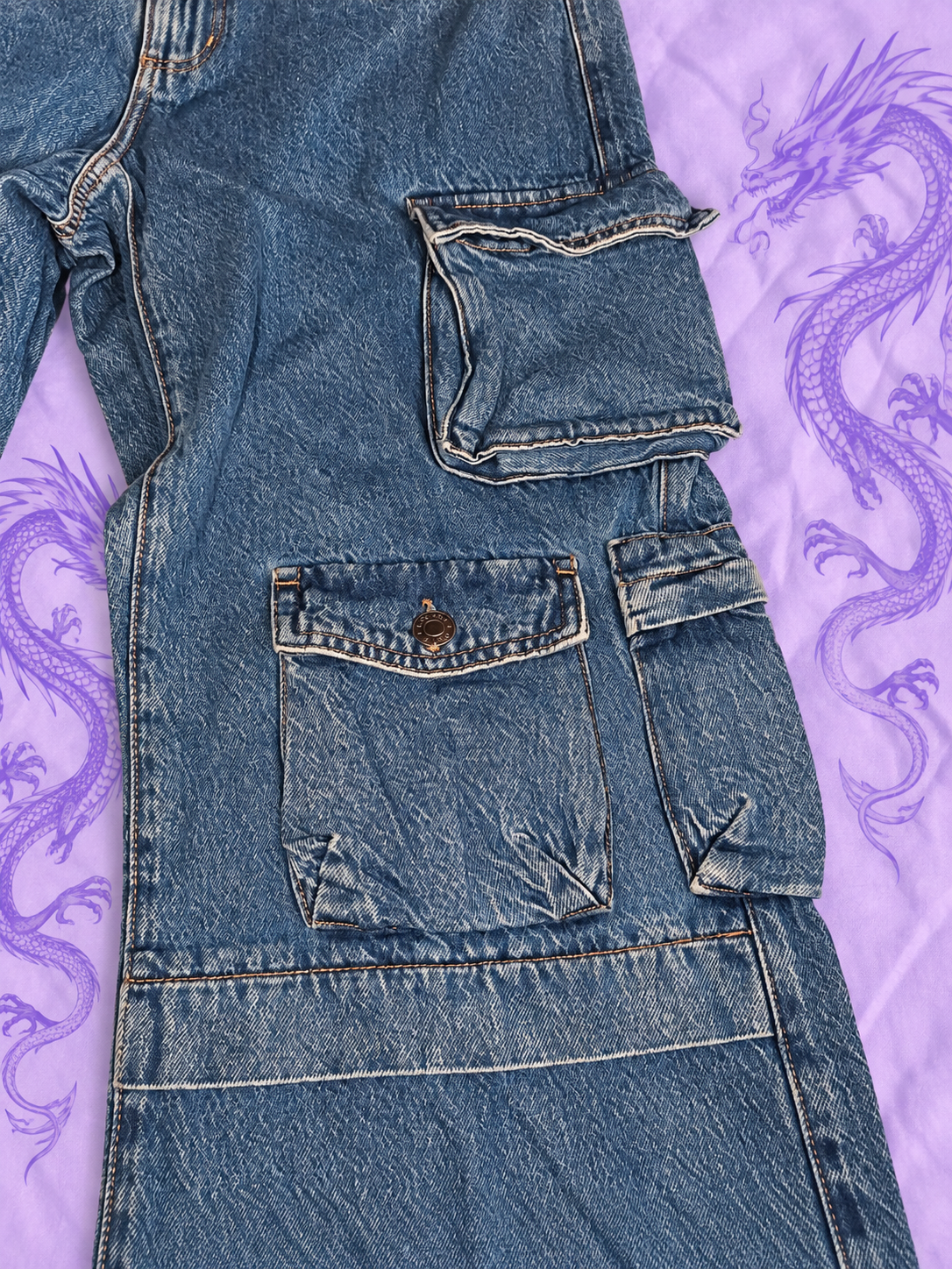 Garage Denim Y2K Cargo Jeans – Blue Wide Leg Multi Pocket – Size 11/30