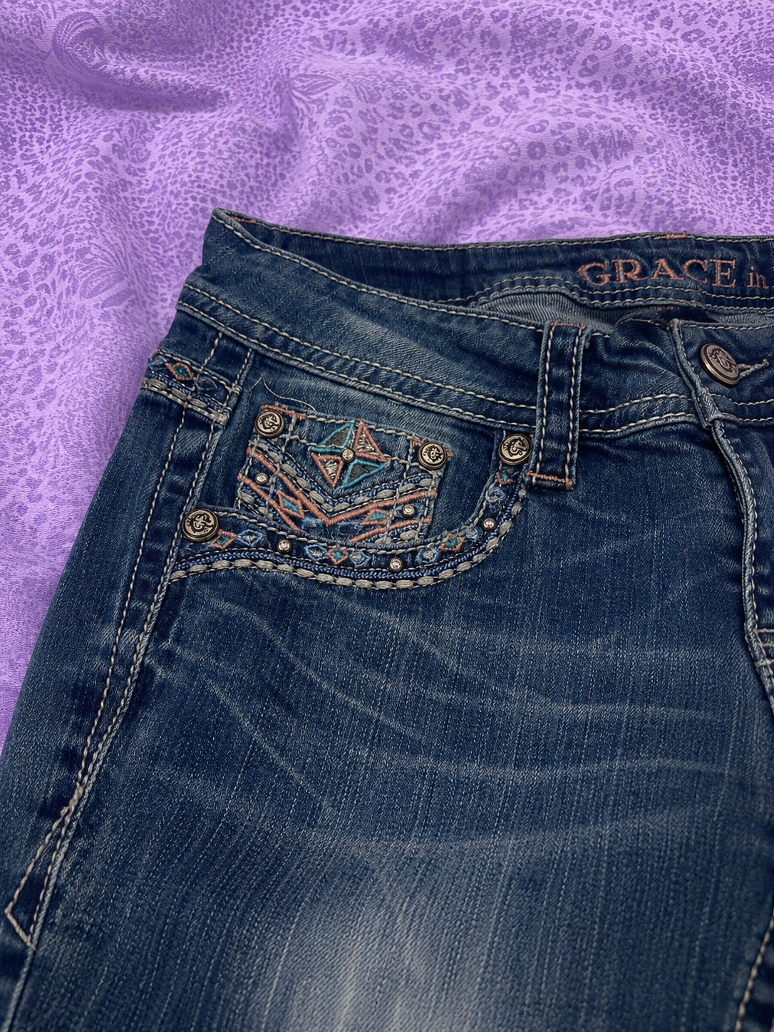 Jeans Grace in LA Bootcut Donna Taglia 28 Denim Blu Ricamato Stile Y2K