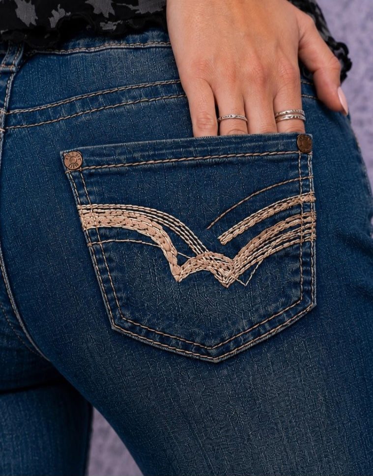 Vintage Y2K Flare Jeans Donna W28 IT 42 Denim Blu Bootcut Tasche Ricamate Vita Bassa